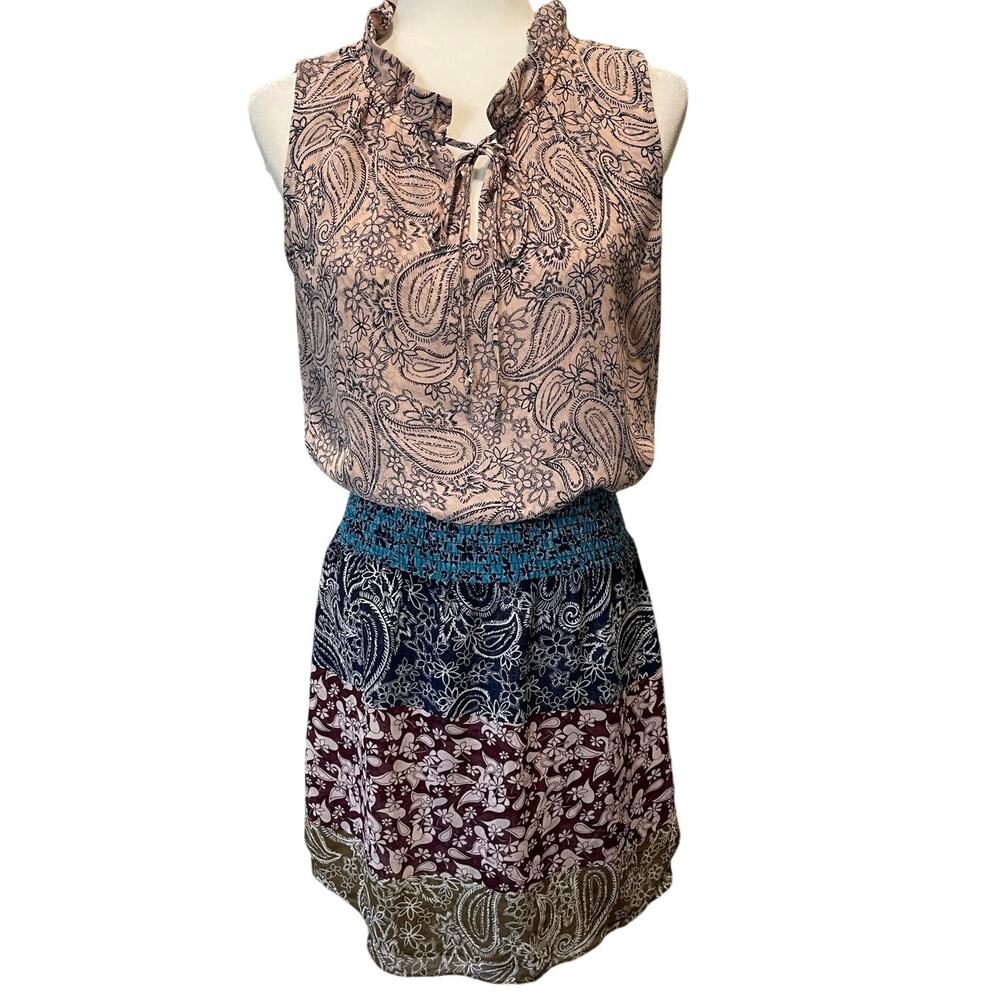 CAbi Dani Paisley Print Dress Sz S Smocked Waist Tie Neck #5371 Cottagecore